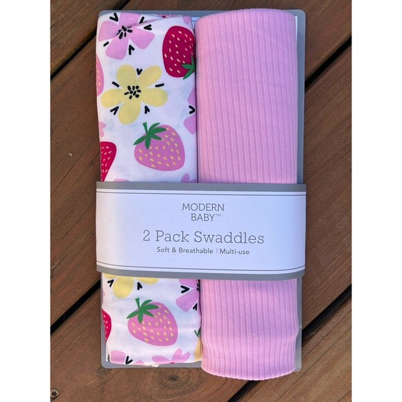 Modern Baby Pink Floral Strawberries Swaddling Blankets Multi Use Stretchy New - Picture 3 of 3